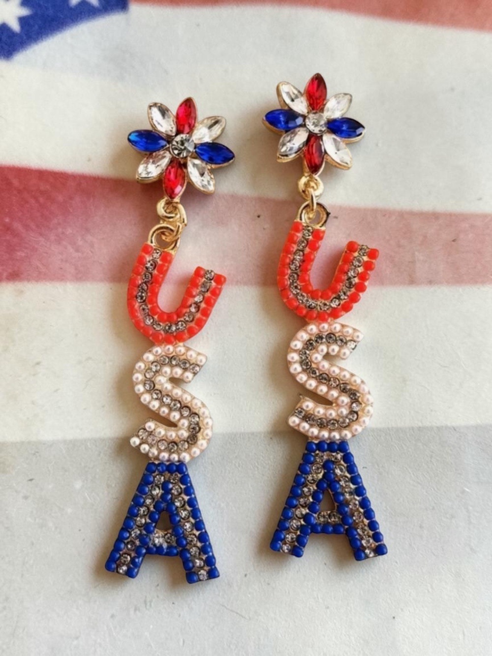 USA Earrings Sparkling Red White Blue 4th of July Rhinestone Earring NWT